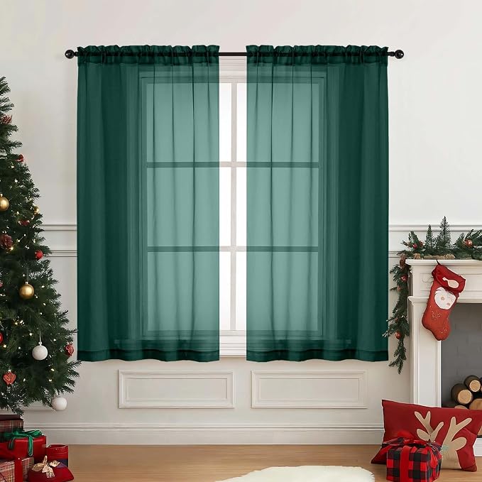 Green Window Sheer Curtains 54 inch Length, Soft Airy Light Filtering Sheer by Home