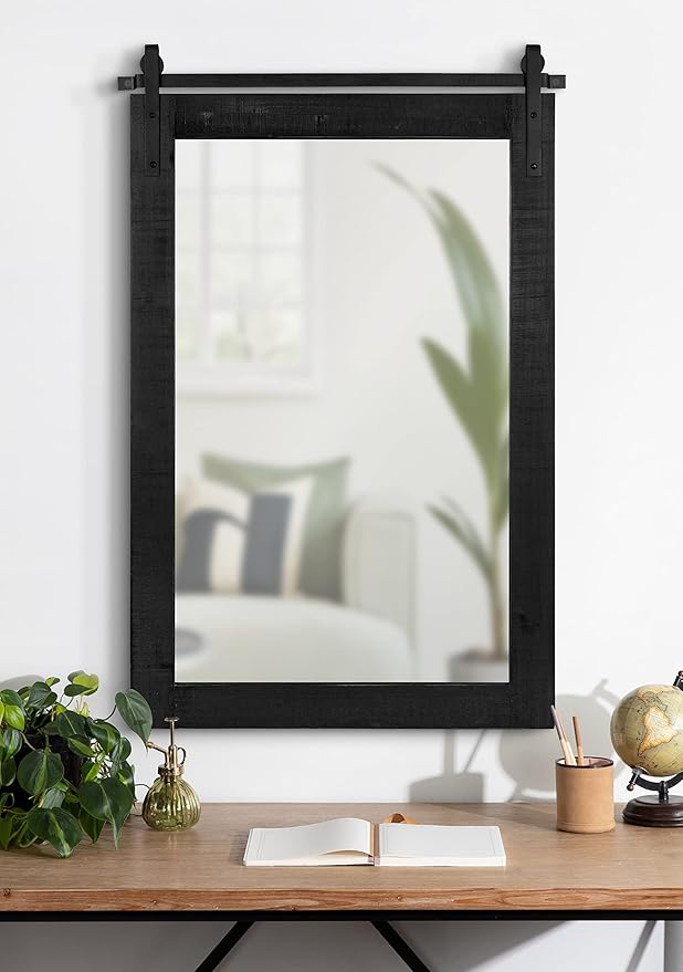 Kate and Laurel Cates Rustic Wall Mirror; 24 x 38; Black; Distressed Farmhouse Wall Decor with Rolling Barn Door Design