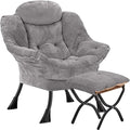 Lazy Chair with Folding Ottoman,Leisure Sofa Chair,Soft Fabric Armchair with Armrests and Side Pockets, Reading Chair with Footrest for Living Room, Bedroom, Office (Plush Light Grey)
