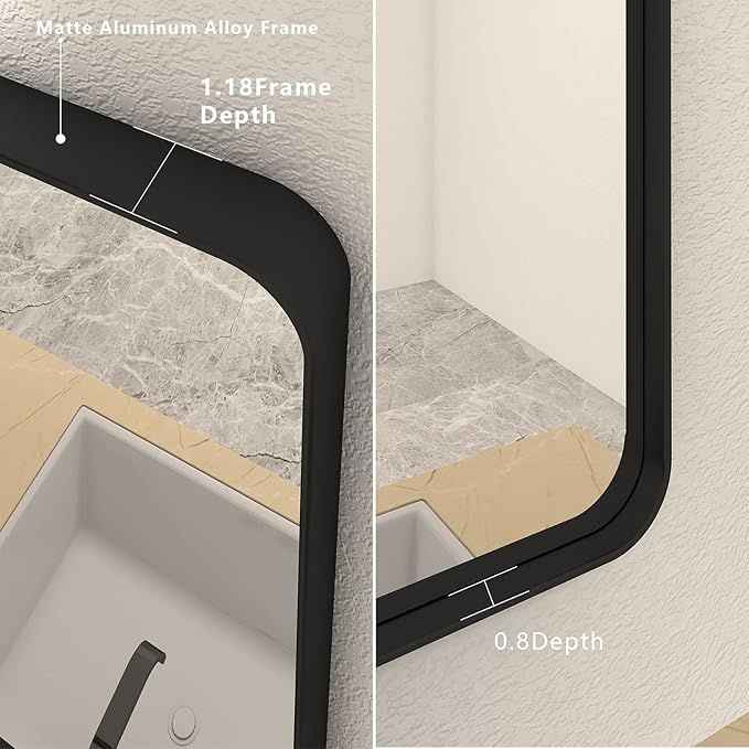 CHAMROR 20x30 Inch Black Metal Framed Bathrrom Mirror for Wall, Black Rounded Rectangle Mirror, Matte Black Bathroom Vanity Mirror, Anti-Rust, Tempered Glass, Hangs Horizontally or Vertically
