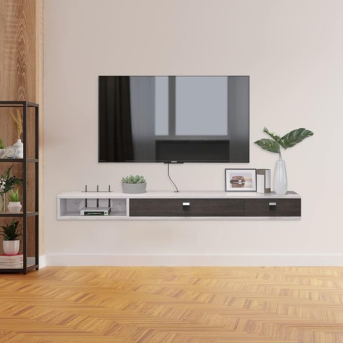 Pmnianhua Floating TV Shelf, 55'' Wall Mounted Floating TV Stand Unit Media Console Wall TV Console Cabinet Media Entertainment Shelf with 2 Doors for TVs up to 60 inch (Greyish-White)