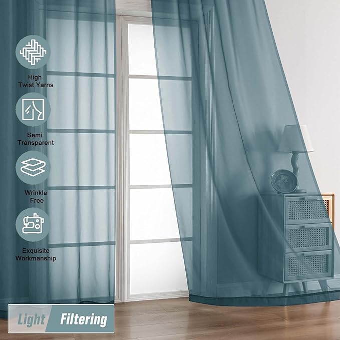 Dusty Blue Sheer Curtains 90 Inches Long 2 Panels, Light Filtering Solid Sheer - Image 5