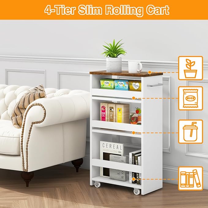 IBUYKE Slim Storage Cart 7.9" W, Rolling Kitchen Storage cart on Wheels for Small Spaces, 4-Tier Laundry Cart with Handle, Slide Out Utility Cart for Kitchen, Bathroom, Laundry,White UWST005W-L