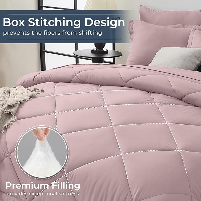 HEVUMYI Rose Gold Full Comforter Set - 7-Piece All Season Bed in a Bag Full, Ultra Soft Bedding Set with Comforter, Flat Sheet, Fitted Sheet, Pillowcases, Pillow Shams