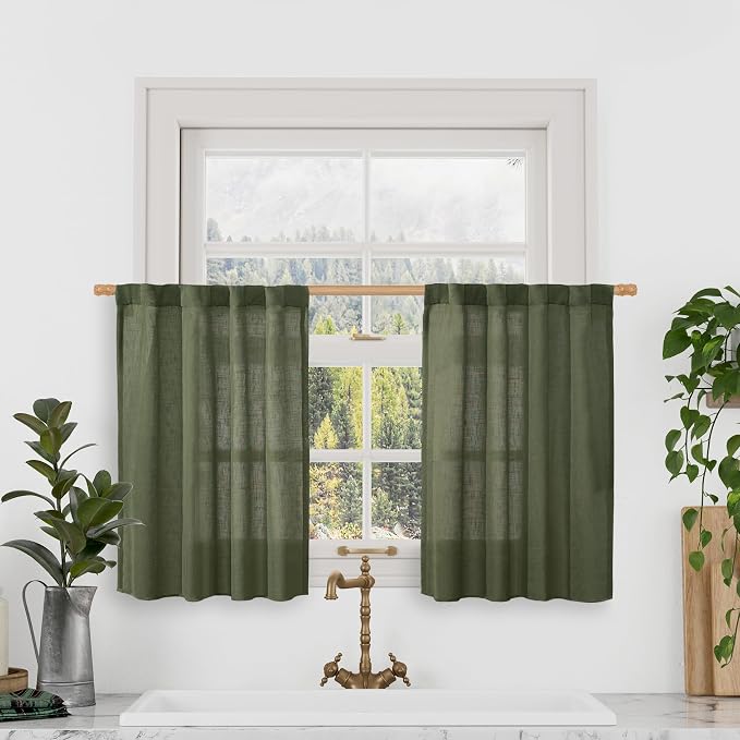 LAMIT Olive Green Linen Window Curtains 30 Inches Long 2 Panels, Semi Sheer by LAMIT