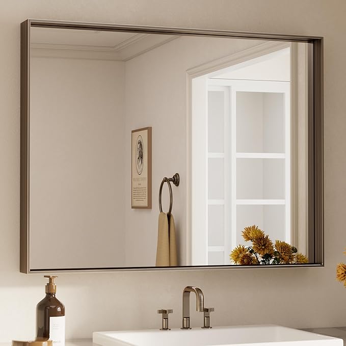 Keonjinn 40 x 30 Inch Brushed Bronze Mirror for Bathroom Rectangular Wall Mount Vanity Mirror Metal Frame Farmhouse Bronze Mirrors Large Decorative Square Corner Rectangle Mirrors(Horizontal/Vertical)