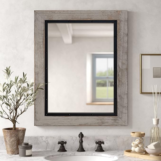 YOSHOOT Rustic Wooden Framed Wall Mirror, Natural Wood and Iron Bathroom Vanity Mirror for Farmhouse Decor, Vertical or Horizontal Hanging, 60" x 36", Grey
