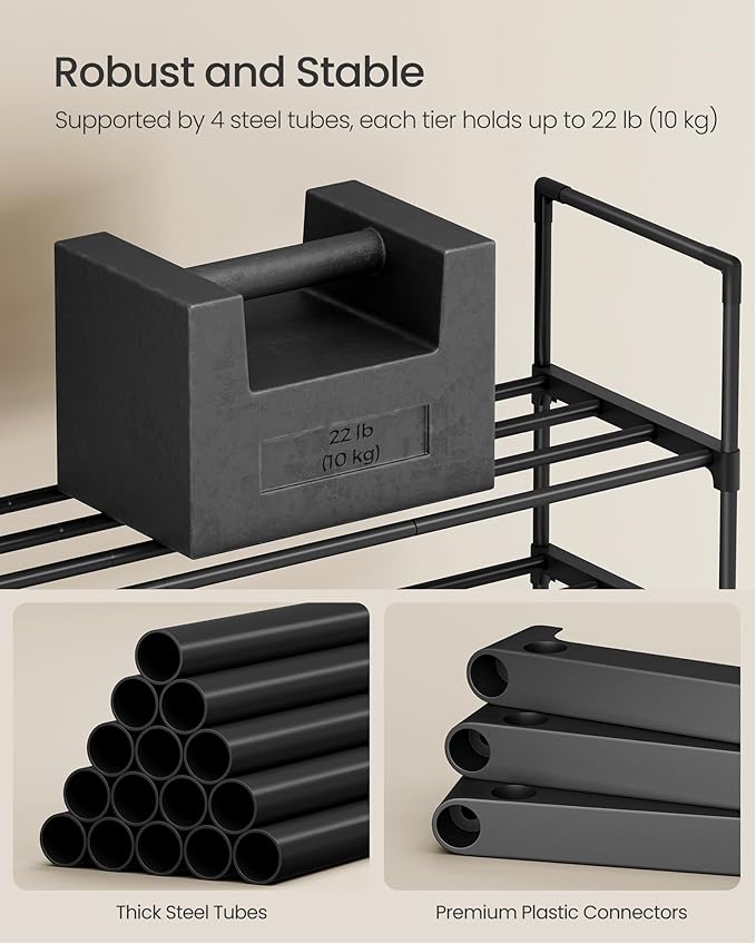 SONGMICS Shoe Rack, 4-Tier Shoe Organizer, Metal Storage Shelf, Upright or Upside Down, for 10-15 Pairs, Stackable, for Entryway, 11.8 x 26.8 x 29.5 Inches, Black ULSA204B01
