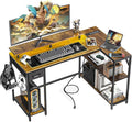 47" L Shaped Computer Desk with LED Light and Power Outlet, Reversible L Shaped Desk with Monitor Stand and Drawer, Gaming Desk with Shelves and 2 Hooks for Home Office Bedroom