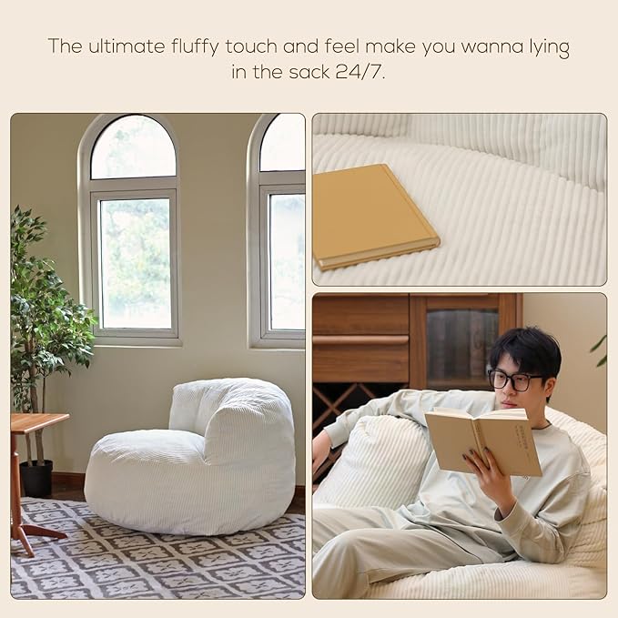 N&V Large Crescent Bean Bag Chair, Adult Size Bean Bag Sack, Foam Filling, Soft Premium Corduroy Bean Bag for Living Room Bedroom Dorm and Office (Beige)
