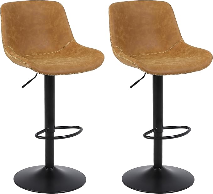 Bar Stools, Swivel Counter Height Barstools with Back, Adjustable Modern Bar Chairs, Tall Armless PU Leather Kitchen Island Stool (Yellow, Set of 2)