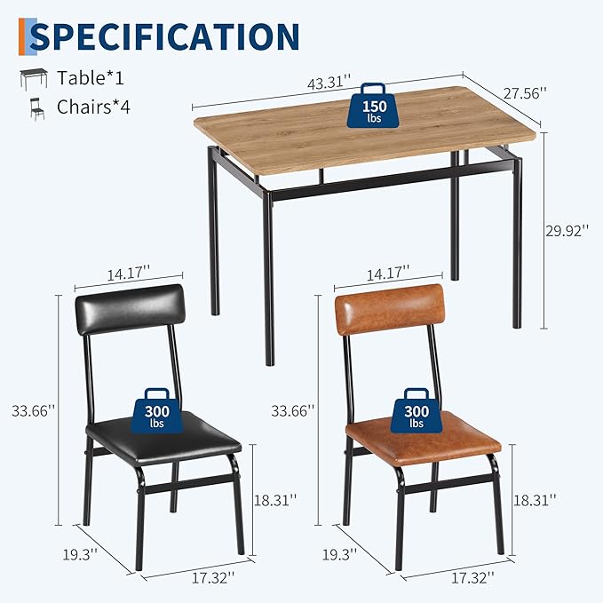 5 Piece Dining Room Table Set, Kitchen Table Set for 4 with Brown Wooden Grain Kitchen Table and 4 PU Upholstered Metal Chairs, Dining Room Set for Small Space,Home Dinner(2 Black & 2 Brown Chairs )