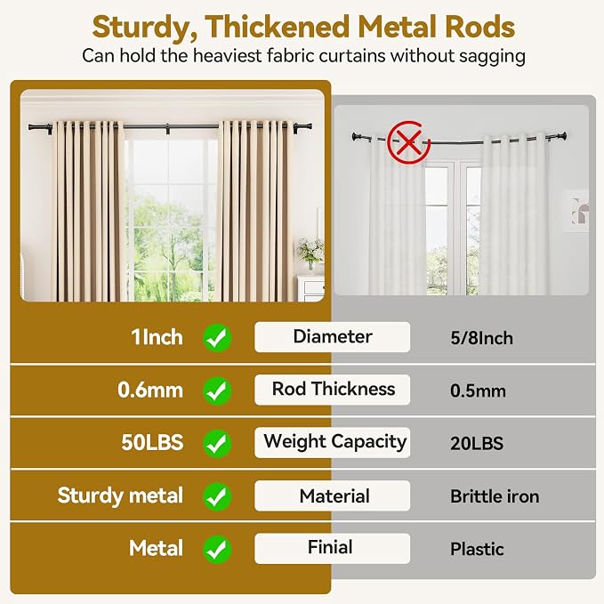 YaFex Curtain Rods 2 Pack 32-144 Inch, Heavy Duty 1 Inch Curtain Rod, Modern - Image 9
