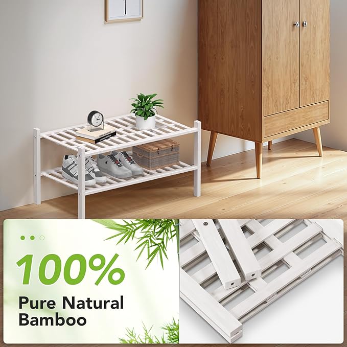 Haddockway Large 2 Tier Bamboo Shoe Rack Storage Organizer, Multifunctional Free Standing Stackable Shoe Shelf with Grid Panel for Closet,Hallway,Entryway,Small Space 27"x12"x14"(White, 2-Tier(Large))