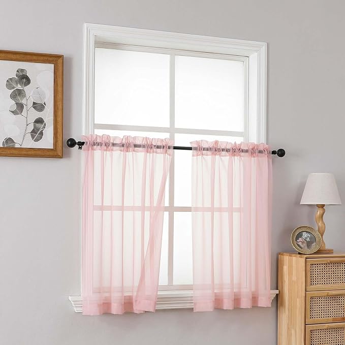 Blush Pink Small Sheer Curtains 2 Panels Set, Kitchen Curtains 36 Inch Length - Image 8