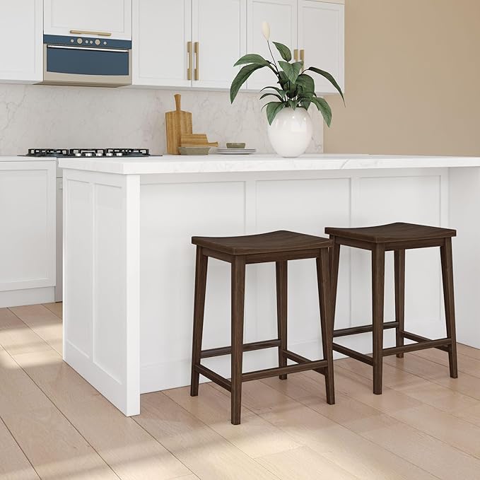Plank+Beam Smythe Counter Stool, 24", Set of 4, Sturdy Wood Modern Kitchen Counter Height Stool, Saddle Seat Backless Counter Chair, Metal Footrest, Walnut
