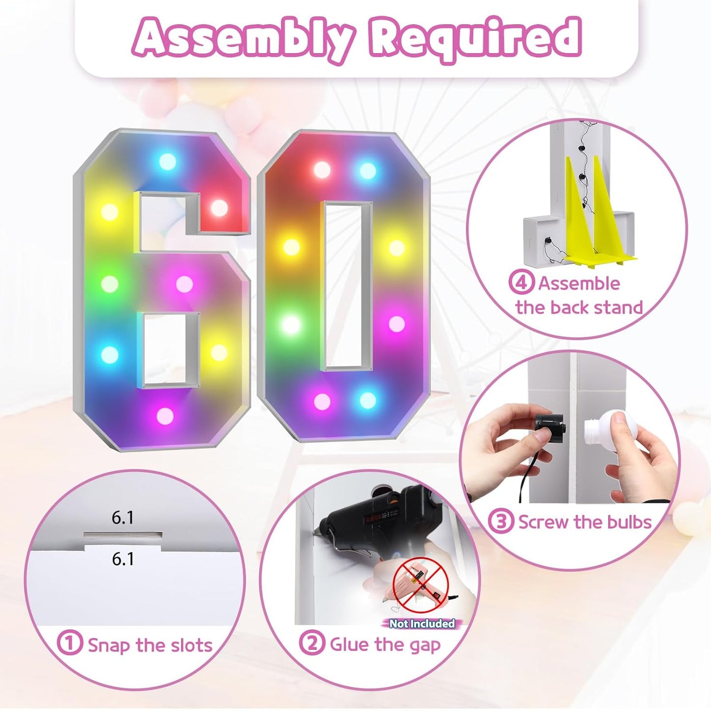 Marquee Numbers 60th-Birthday Decoration: Colorful 3FT Large Light Up 60 Year Old Birthday Decorations Anniversary Backdrop for Boys Girls Cardboard Sign 18 Colors Number 60 Mosaic Balloon Frame