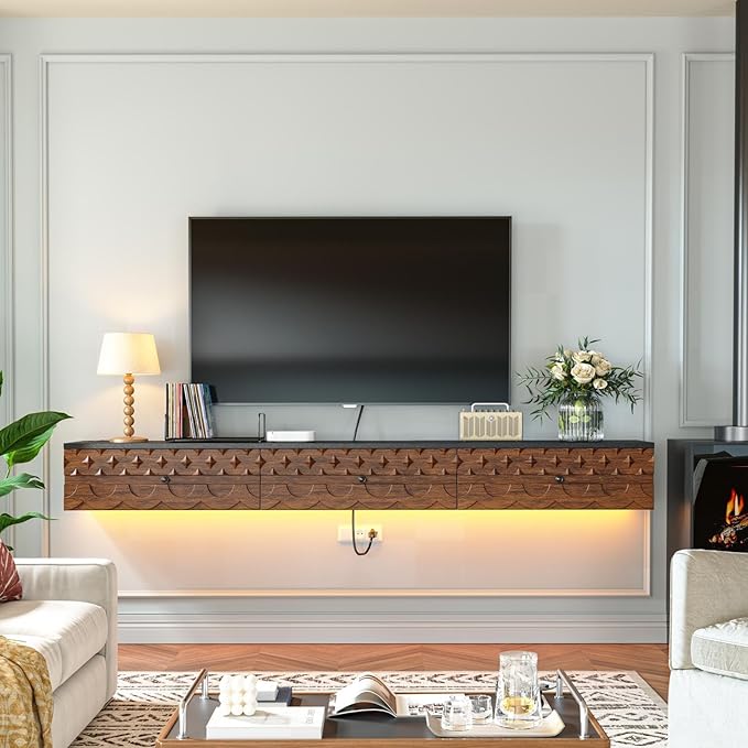Fully-Assembled Floating TV Stand, Vintage Carved Floating Entertainment Center with Flip-Down Doors & Drawer, Walnut Wood Media Console Shelf Cabinet Under TV Storage for Living Room, 47IN