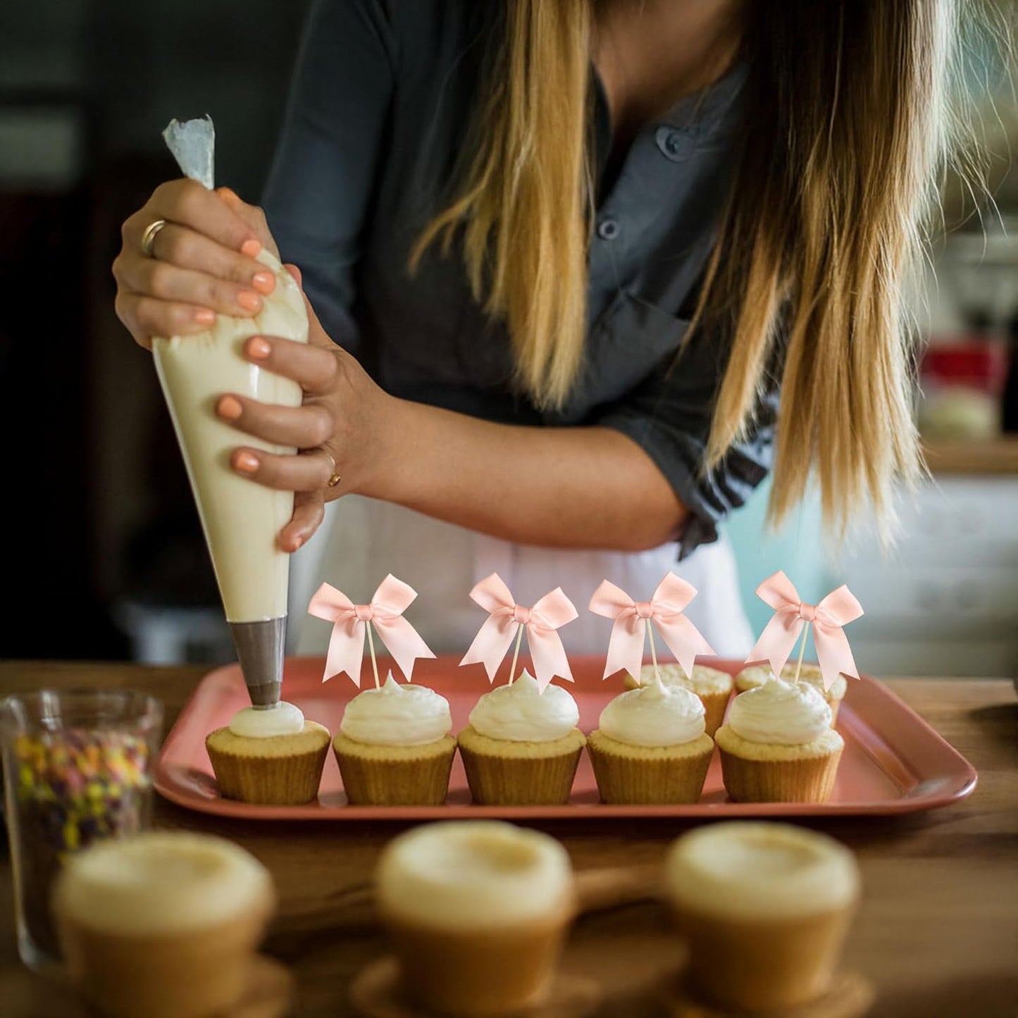Ephlyn 24Pcs Pink Bow Cupcake Toppers Pink Bow Cake Topper Birthday Decorations, Mini Bowknot Cupcake Picks for Coquette Theme Party Decoration Bachelorette Bridal Engagement Wedding Party Dark Pink