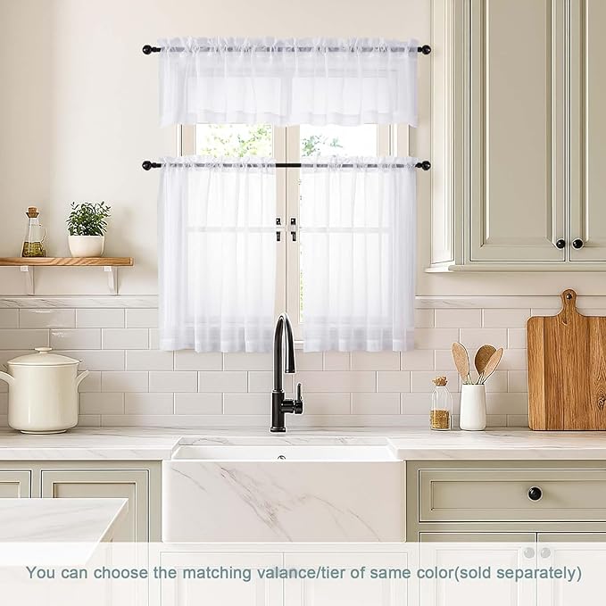 White Valances for Windows 14 inch Length 2 Panels Set, Small Voile Sheer - Image 2