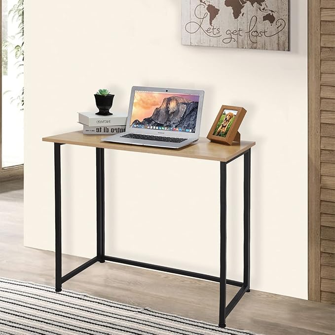 Leopard Folding Computer Desk for Small Spaces, Space-Saving Home Office Desk, Foldable Computer Table, Laptop Table, Writing Desk, Compact Study Reading Table (Black/Nordic Walnut)