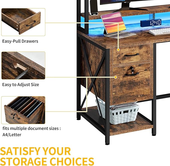DWVO Computer Desk with Drawers & Hutch, 59.1" Office Desk with Power Outlets & LED Lights, Home Office Desk with Storage Shelves, Rustic Brown