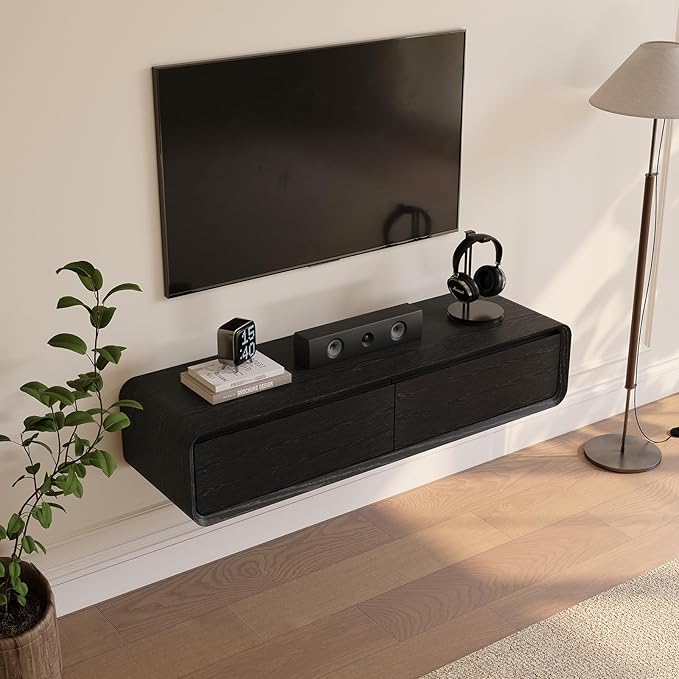 POVISON Fully-Assembled Minimalist Floating TV Stand, Modern Wall-Mounted Entertainment Center with 2 Flip-Down Cabinet Doors, Solid Wood Media Console, Black, 47.24"