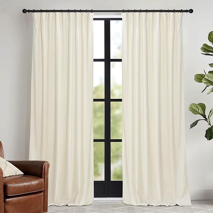 RYB HOME Cream Velvet Curtains 108 inch, Light Dimming White Window Curtains by RYBHOME