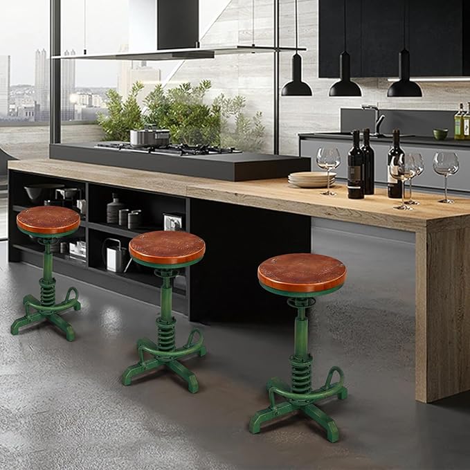 Topower Industrial Retro Vintage Farm Wooden Seat Tractor Stool Kitchen Swivel Height Adjustable bar Stool Antique Green