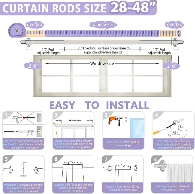 TVWOO Silver Wrap Around Curtain Rods:5/8 Inch Blackout Adjustable Window - Image 7