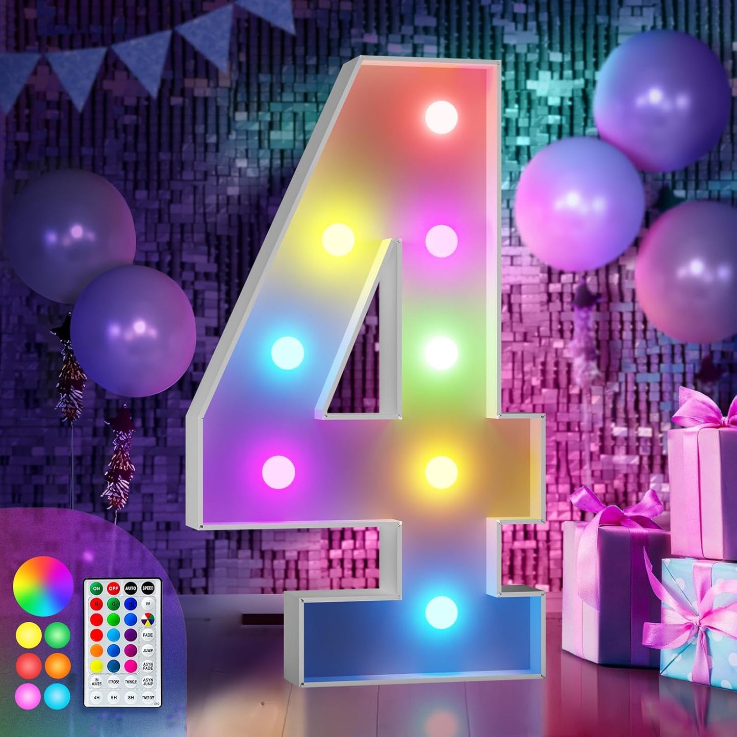 imprsv 3FT Colorful Marquee Numbers,18 Colors Number 4 with Remote, Light Up Numbers Sign for 24th 40th Birthday Decorations Anniversary Party Decor, Pre-Cut Foam Board Kit, Mosaic Numbers for Balloon