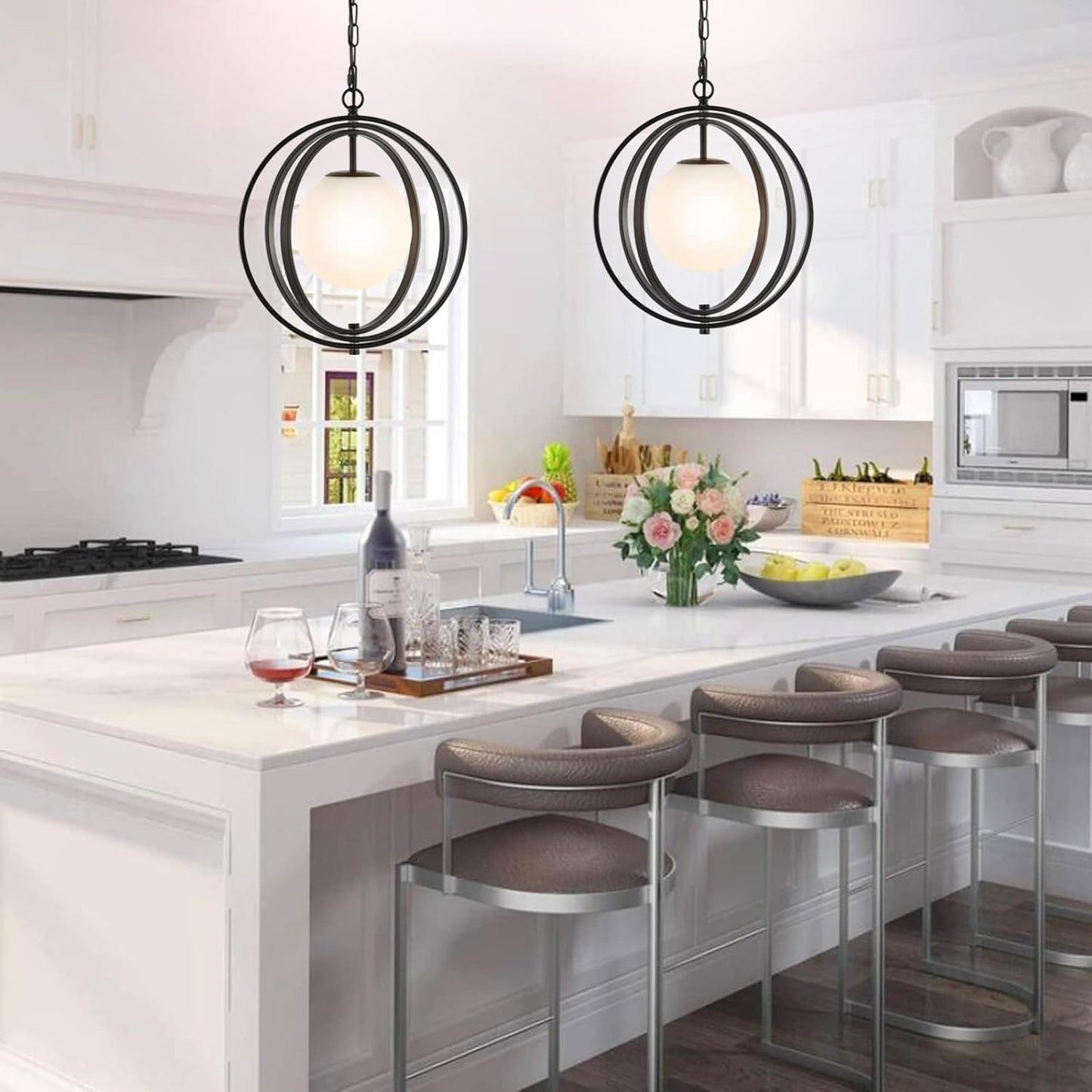 Black Orb Chandelier 1 Light Globe Pendant Light Fixtures White Globe Glass Shade Hanging Ceiling Light for Dining & Living Room, Bedroom, Foyer and Kitchen Island