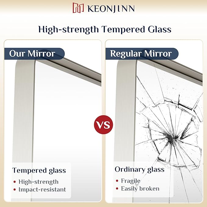 Keonjinn 72 x 36 Brushed Nickel Bathroom Vanity Mirror, Large Rounded Rectangle Bathroom Mirrors for over Sink, Metal Framed Silver Mirror for Wall, Shatterproof HD Tempered Glass(Horizontal/Vertical)