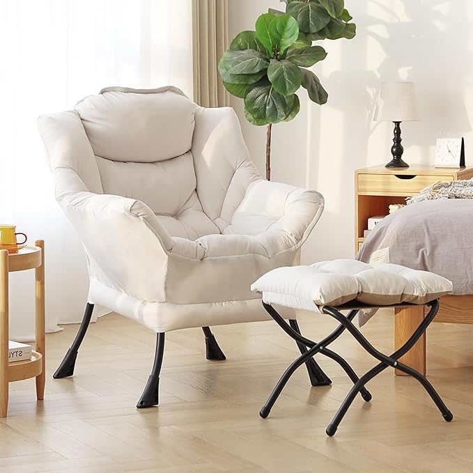 Lazy Chair with Ottoman, Modern Reading Lounge Accent Chair with Armrests and a Side Pocket, Leisure Upholstered Lazy Sofa Set with Footrest for Small Space, Beige