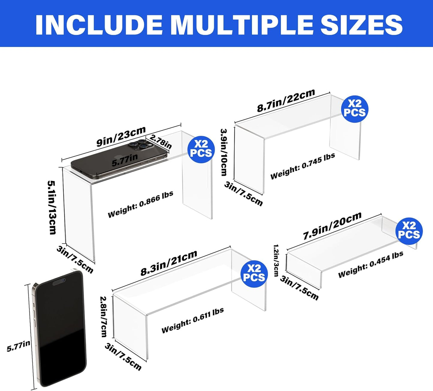 Black Matte Metal Display Stand,8 Pcs 2 Set Display Risers, Metal Rectangular Display Shelf for Showcase, Dessert, Toys, Perfume (Clear, L7 x8 x9)