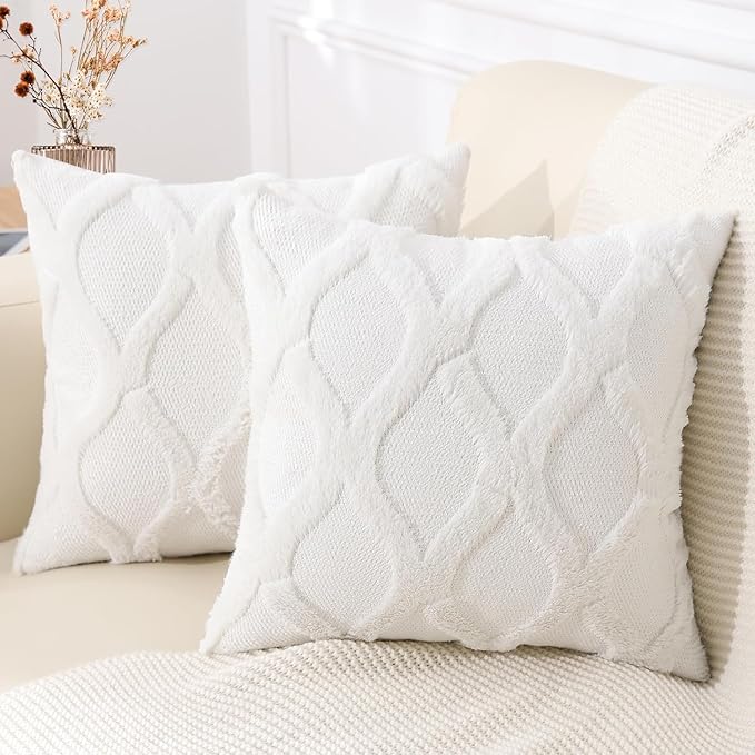 decorUhome Throw Pillow Covers 26x26 Inch Set of 2, Soft Plush Faux Fur Wool Cream White Couch Pillow Covers, Decorative Neutral Pillow Cases for Bed Sofa Living Room Home Decor