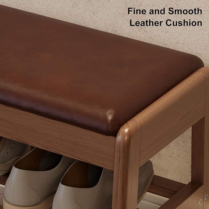 Small Shoe Bench with Leather Cushion,2 Tiers Shoe Rack Bench with Flip-Top Storage,Wood Shoe Rack for Entryway（Walnut,23.62"）