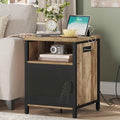 FATORRI End Table with Storage, Rustic Side Table for Living Room, Narrow Wood and Metal Bedside Tables with Door (Rustic Oak)