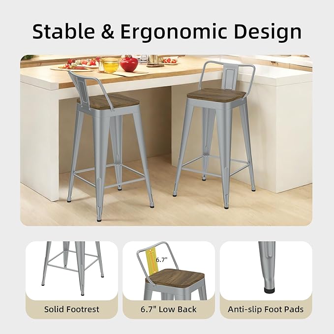 Silver Bar Stools Set of 4, Metal Bar Stools with Wooden Seat, Modern 24”Counter Height Barstools with Low Back