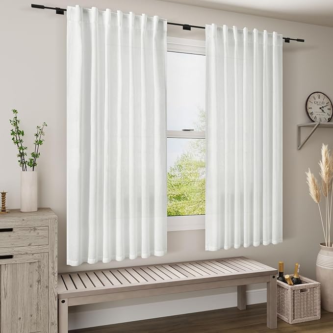 Nanspring White Short Linen Curtains 60 inches Long 2 Panels Set Back Tab Rod - Image 7