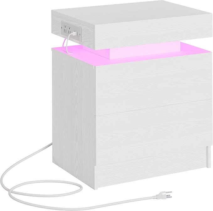 LIKIMIO Night Stand with Charging Station, Modern White Nightstand with LED Light and Drawers, Bedside Tables/End Table for Bedroom