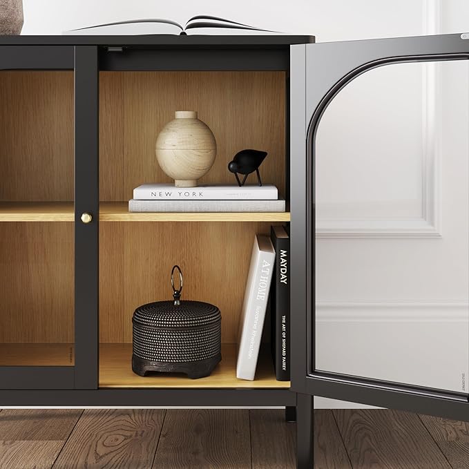 Nathan James Mason Storage Cabinet, Free Standing Accent Sideboard Buffet, Credenza with Glass Doors and Adjustable Shelf in Black Oak Wood for Dining Room, Entryway and Living Room, Clear Glass/Black