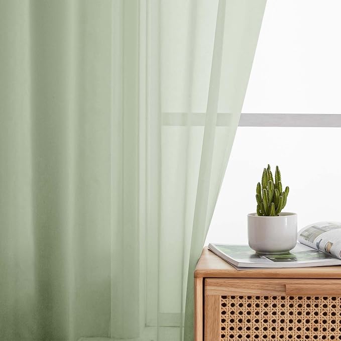 Light Green Kitchen Curtains 30 Inch Length Tier 2 PCS, Solid Soft Airy Half - Image 7