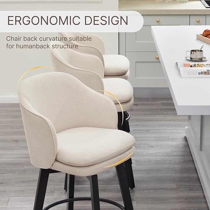 Counter Height Barstools 26 inch Upholstered Swivel Bar Stools with Back and Wood Legs for Kitchen Island,Set of 2,Beige Fabric