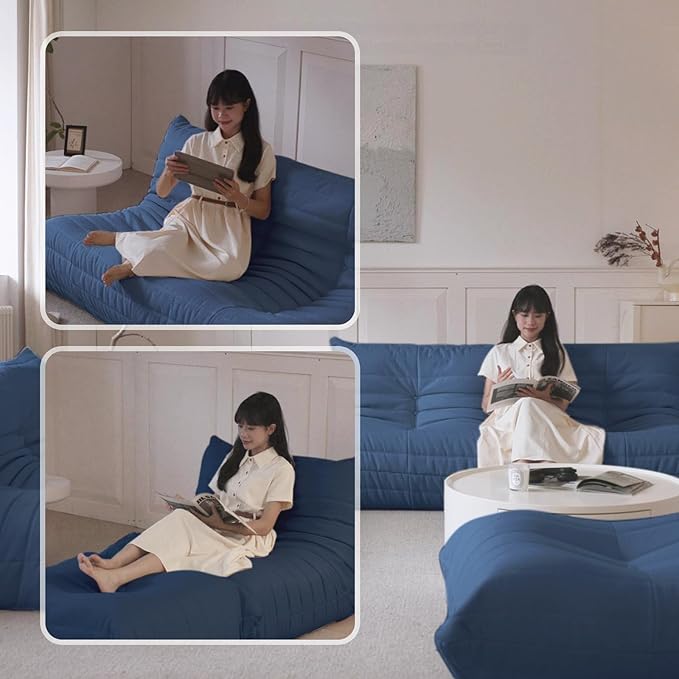 Luxury Sofa Couch Chair, Lazy Floor Seating, Fireside Bean Bag Chair, Ergonomic Tatami Sofa Lounger for Living Room, Bedroom, Office, 3 Seat, Blue