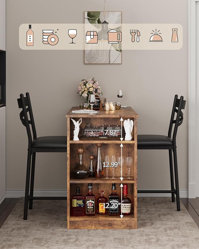 Garvee Bar Table and Chairs Set, 3 Piece Bar Table Set with with Flip Top Extension and Storage Shelves, Dining Table Set for 2, Suitable for Small Space Kitchen Apartment, Brown