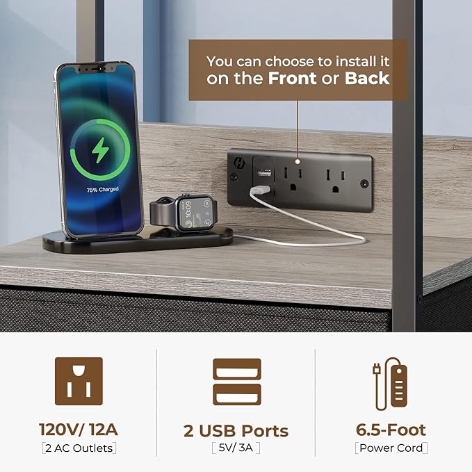 Seventable Nightstand with Charging Station and LED Light, Side Table with 3 Fabric Drawers, Bedside End Table with USB Ports and Outlets, Night Stand for Bedroom, Greige