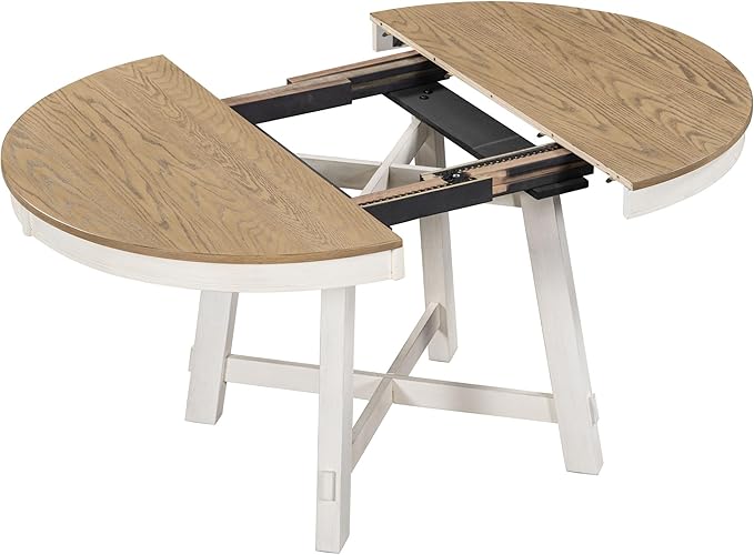 Need Extendable Farmhouse Round Dining Table with 16" Leaf - Solid Wood Kitchen Table, Adjustable Size for Small Spaces (Oak + White)