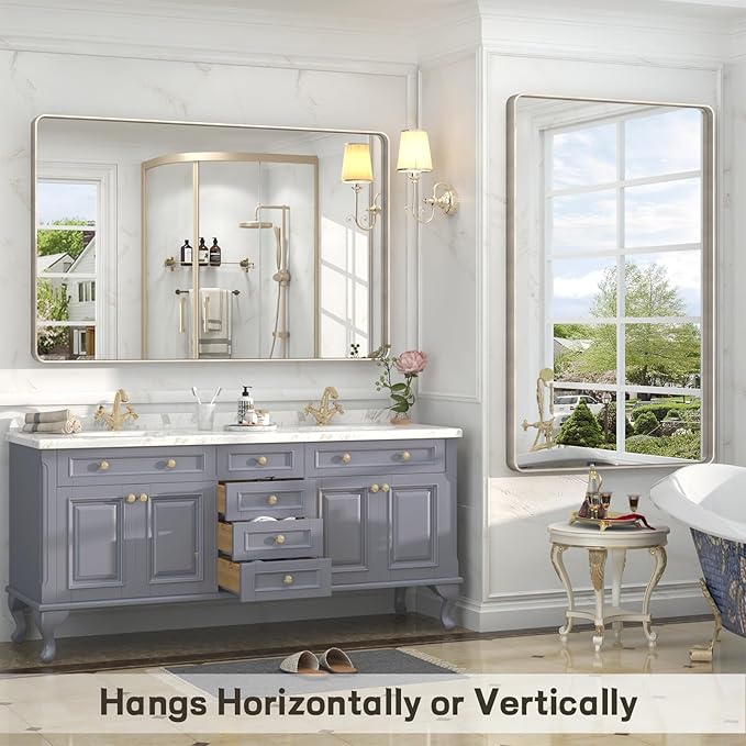 60x28 Inch Brushed Nickel Bathroom Mirror, Large Brushed Silver Metal Framed Wall Mirror, Rounded Corner Rectangle Modern Vanity Mirror, Tempered Glass, Anti-Rust, Shatterproof (Horizontal/Vertical)