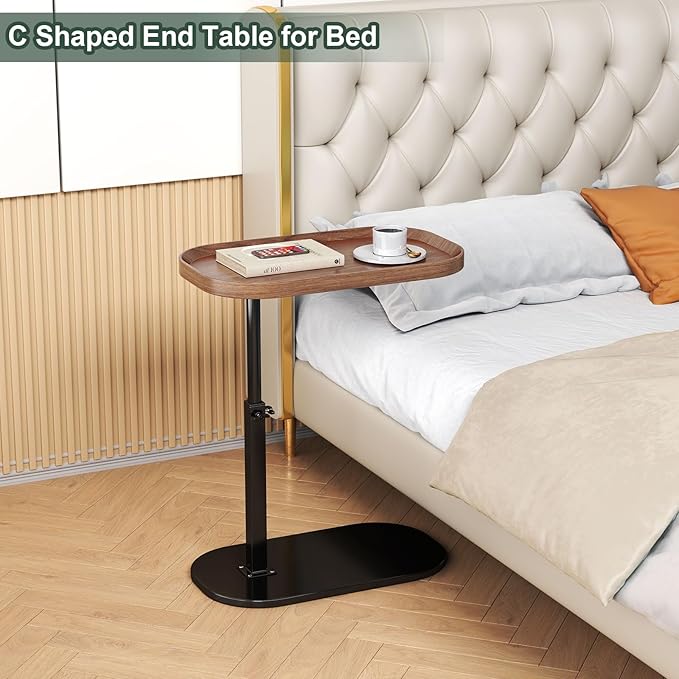 Adjustable Height C Shaped End Table with Wheels,360°Swivel Side Table, Top Tilting Laptop Stand TV Table for Sofa/Bed, Couch Tables that Slide under,Small Coffee Table for Living Room (walnut A)